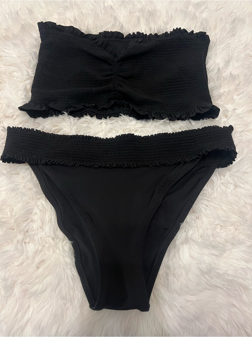 PINK Victoria's Secret Black Smocked Bandeau Bikini Set